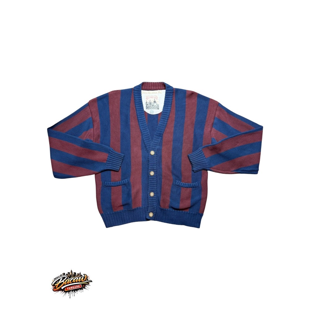 Vintage Scotland Yard Olympiad Cardigan Mens XL Blue Burgundy Stripe Cotton Knit